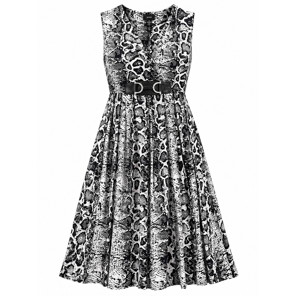 Alfani Women Dress XL Sleeveless Fit Flare Belted Black‎ White Animal Print Chic